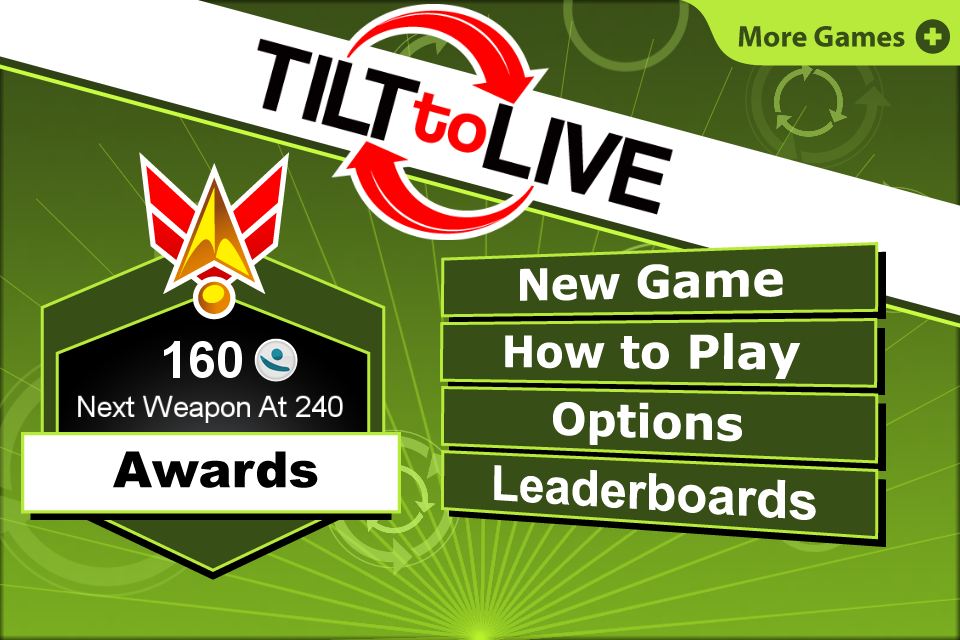 Tilt to Live (iPhone) screenshot: Main menu screen