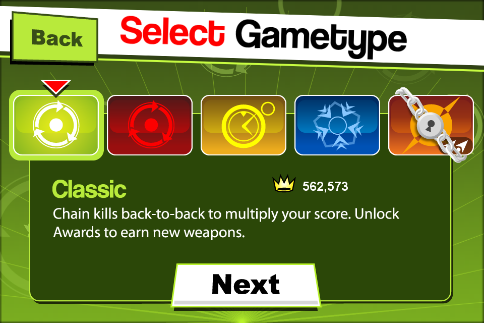 Tilt to Live (iPhone) screenshot: Select game type; Classic, Code red, Gauntlet, Frostbite and Viva La Turret