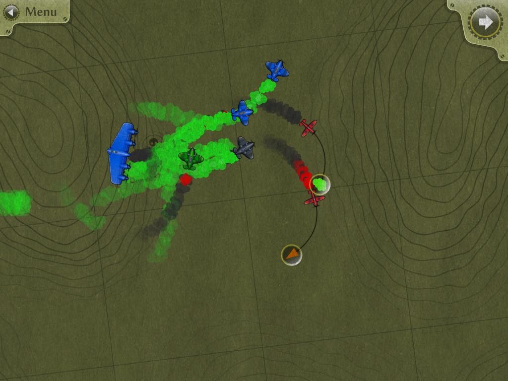 SteamBirds (iPad) screenshot: Flying wing toxic smoke everywhere and out numbered 2 to 1
