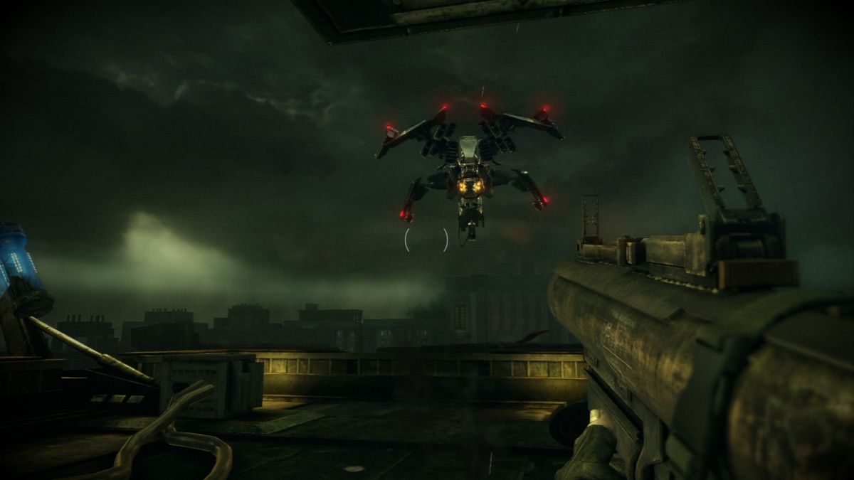 Killzone 2 (PlayStation 3) screenshot: A tricky boss battle... the thing is to shoot at the nearby energy towers, not at the enemy ship.
