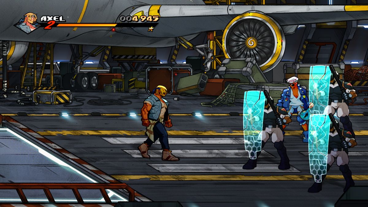Streets of Rage 4 (Windows) screenshot: To get to this officers you first need to weaken and then destroy their riot shield. But if you wait too long, it becomes activated again.