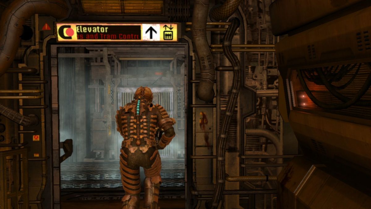 Dead Space (PlayStation 3) screenshot: Escaping via elevator... anywhere is better than here... or so he thought.