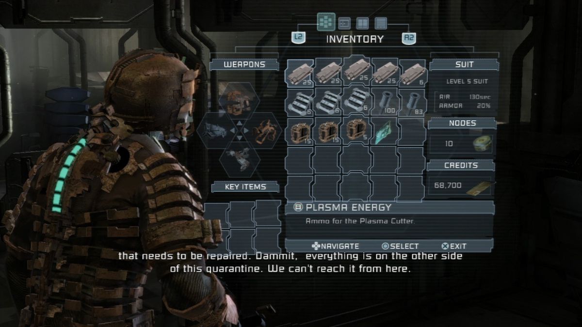 Dead Space (PlayStation 3) screenshot: Inventory and everything is done through your helmet's screen projection.