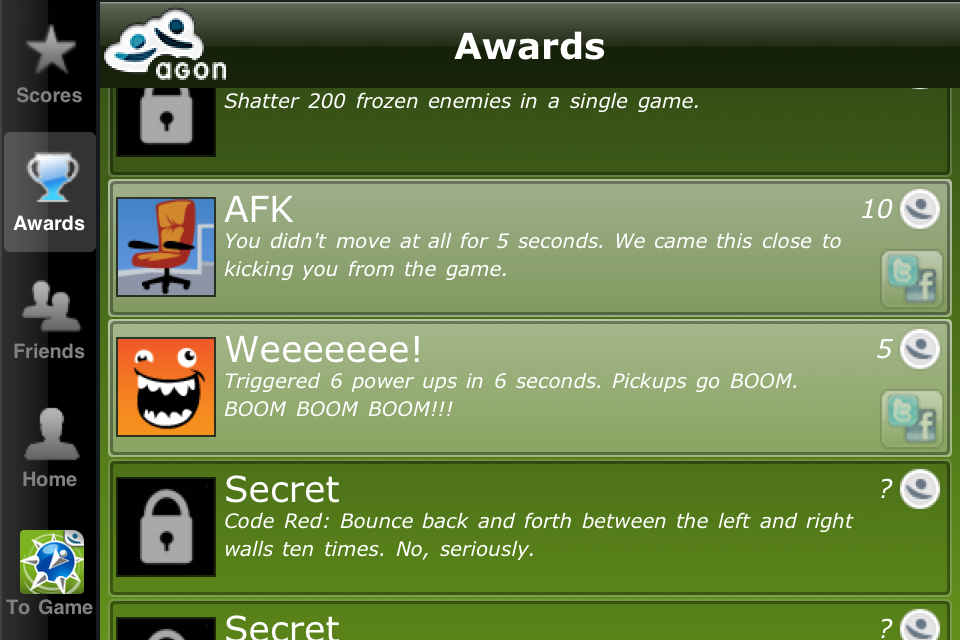 Tilt to Live (iPhone) screenshot: The list of unlockable awards is pretty long