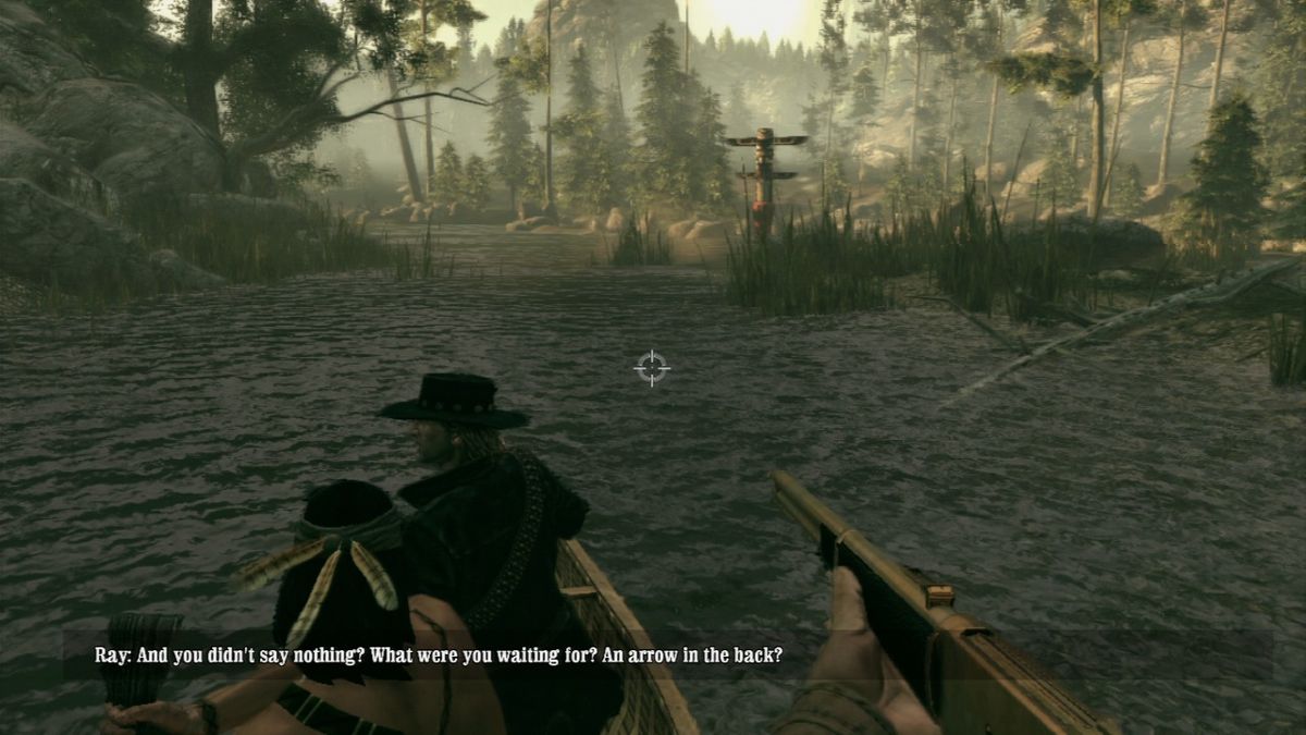 Call of Juarez: Bound in Blood (PlayStation 3) screenshot: Taking a canoe to the sacred ground.