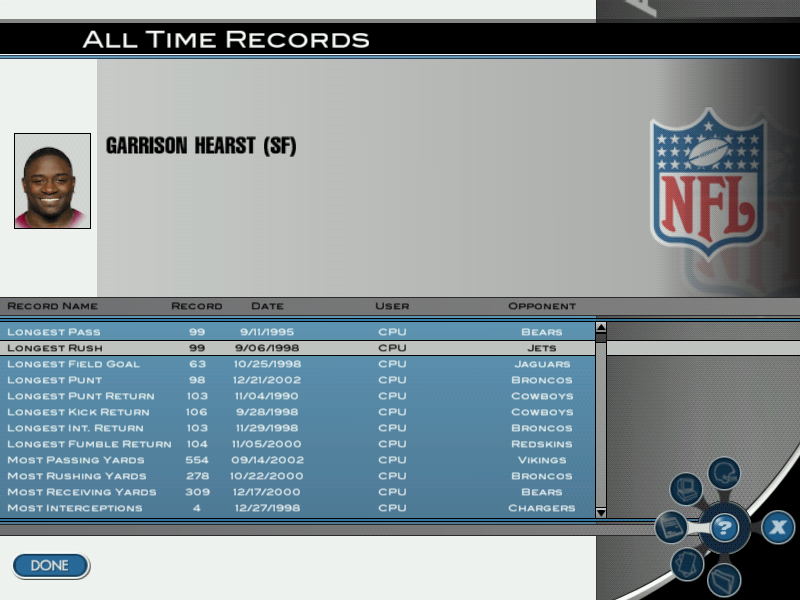 Madden NFL 2004 (Windows) screenshot: The All Time Records screen, where you can view NFL records.