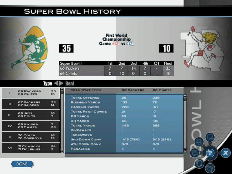 Madden NFL 2004 (Windows) screenshot: The Super Bowl History screen, where you can view the scores of Super Bowls I-XXXVII.