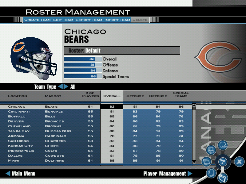 Madden NFL 2004 (Windows) screenshot: Team rosters are viewable through the Roster Management screen.