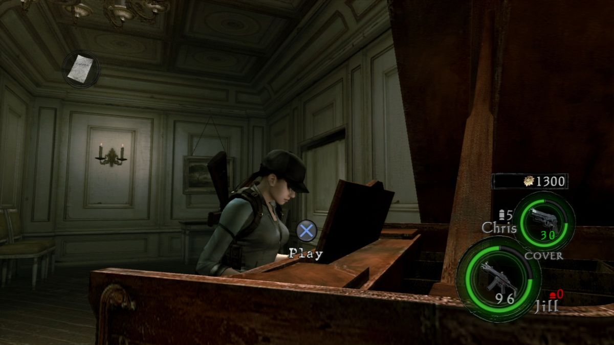 Resident Evil 5: Lost in Nightmares (PlayStation 3) screenshot: Playing the Moonlight Sonata to open the secret entrance in the wall.