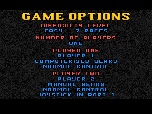 Lotus Esprit Turbo Challenge (Amiga) screenshot: Game options screen (aka main menu)