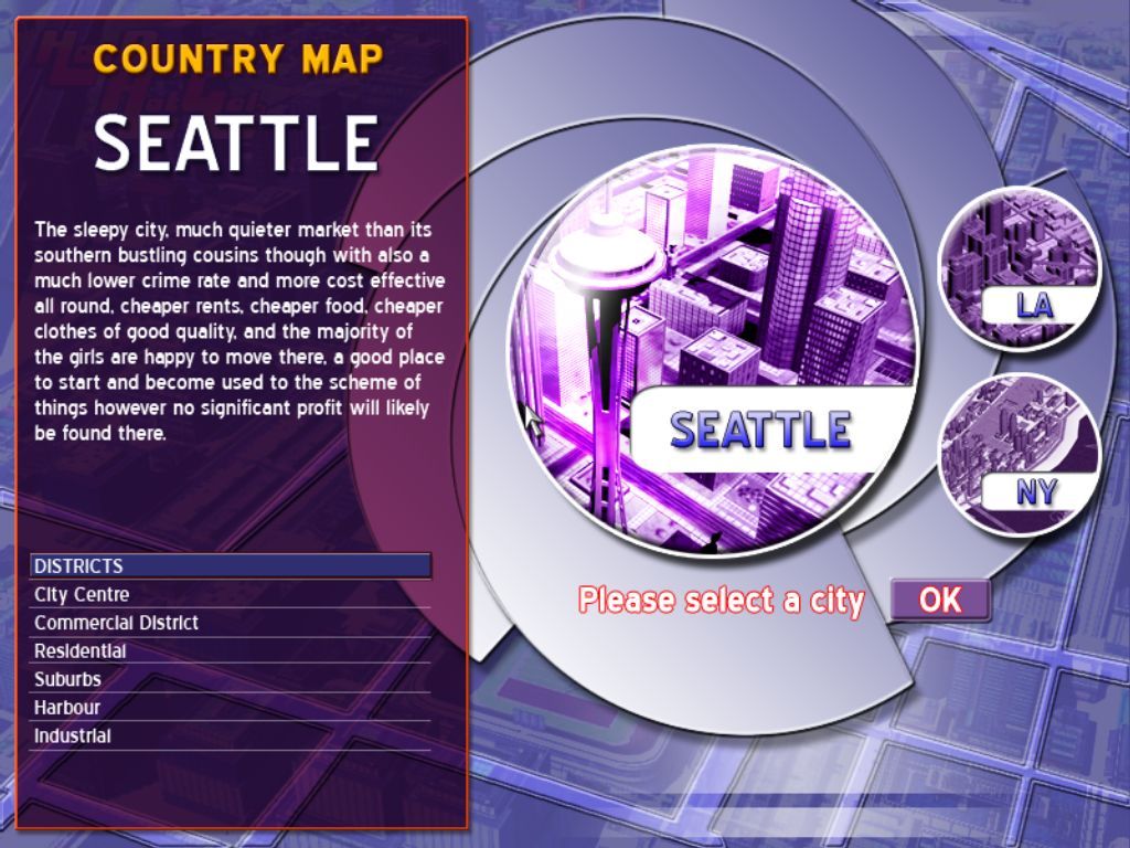 Hot Dog King (Windows) screenshot: Choose your city between Seattle
