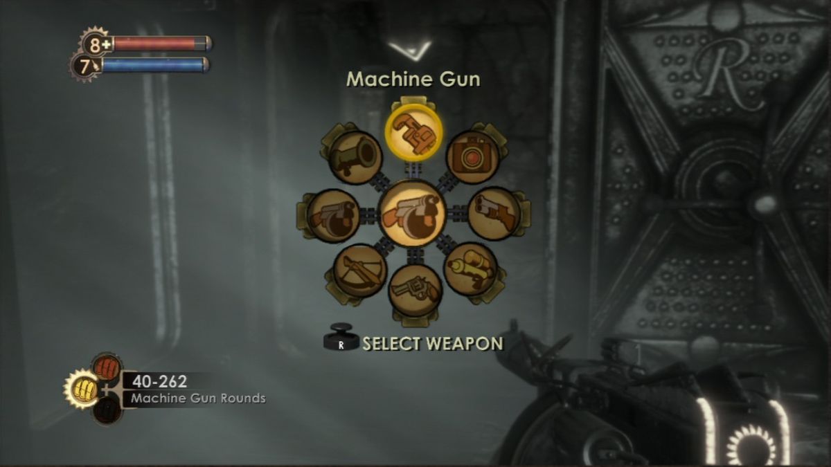 BioShock (PlayStation 3) screenshot: Over time you will gather a plethora of weapons and special abilities.