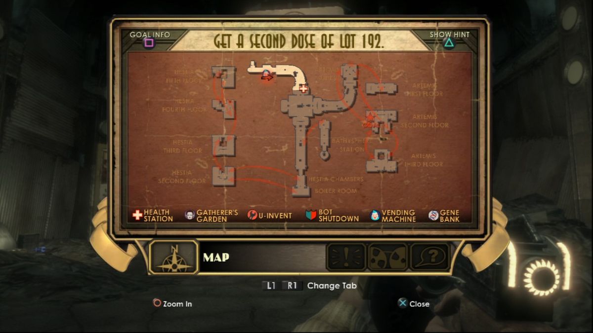 BioShock (PlayStation 3) screenshot: Map is easy to navigate until you reach the branching arrows which are plentiful.