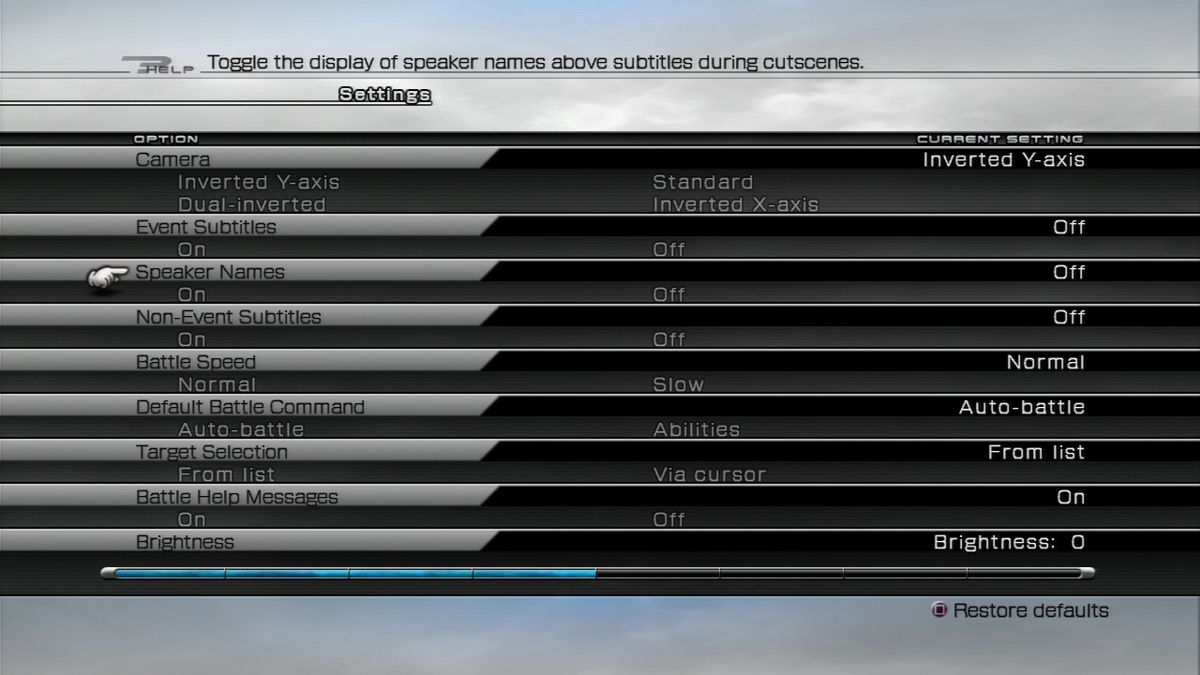 Final Fantasy XIII (PlayStation 3) screenshot: Options screen
