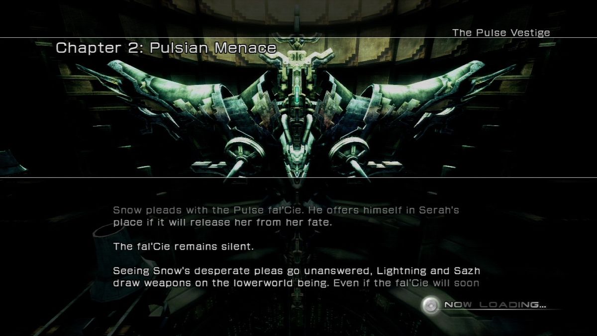 Final Fantasy XIII (PlayStation 3) screenshot: Loading the game will provide you with the info on the story thus far.