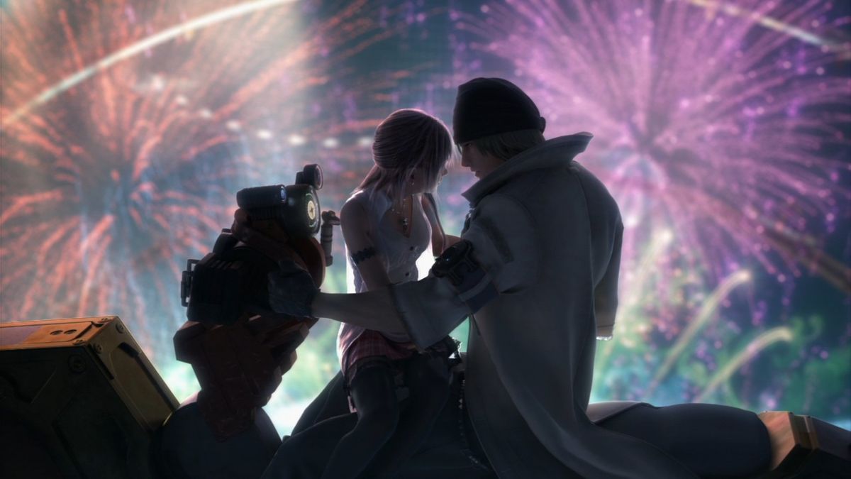 Final Fantasy XIII (PlayStation 3) screenshot: Snow in a rather touchy moment with his girlfriend.