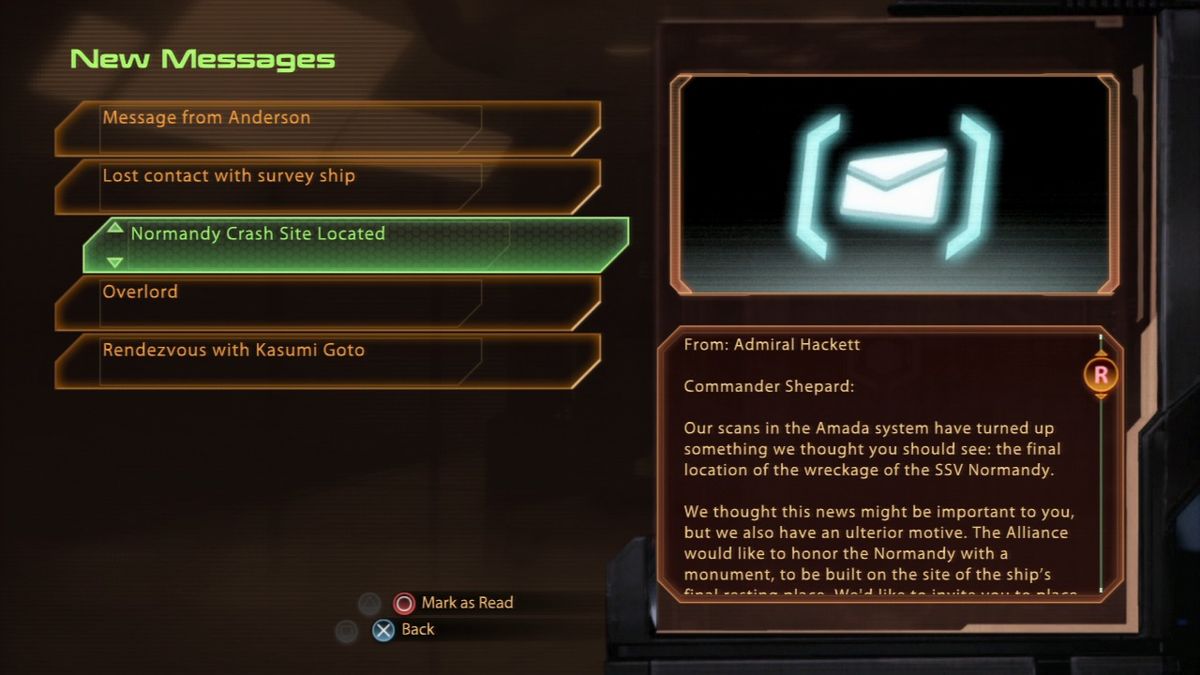 Mass Effect 2 (PlayStation 3) screenshot: Mass Effect 2 - Checking the email on your private terminal... note all of the DLC missions already included