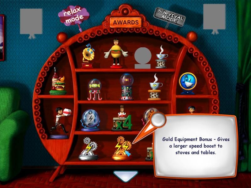 Burger Bustle (Windows) screenshot: Trophy room with some of the 21 winnable awards