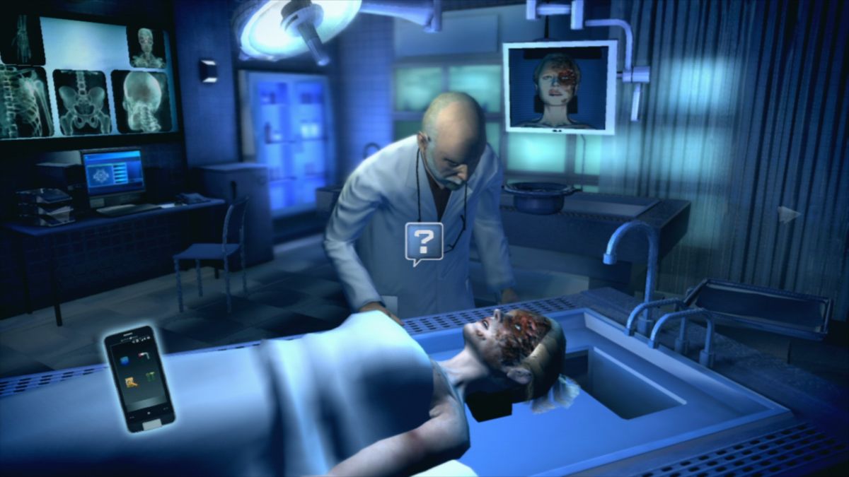 CSI: Crime Scene Investigation - Fatal Conspiracy (PlayStation 3) screenshot: Talking to doc about the reason of death.
