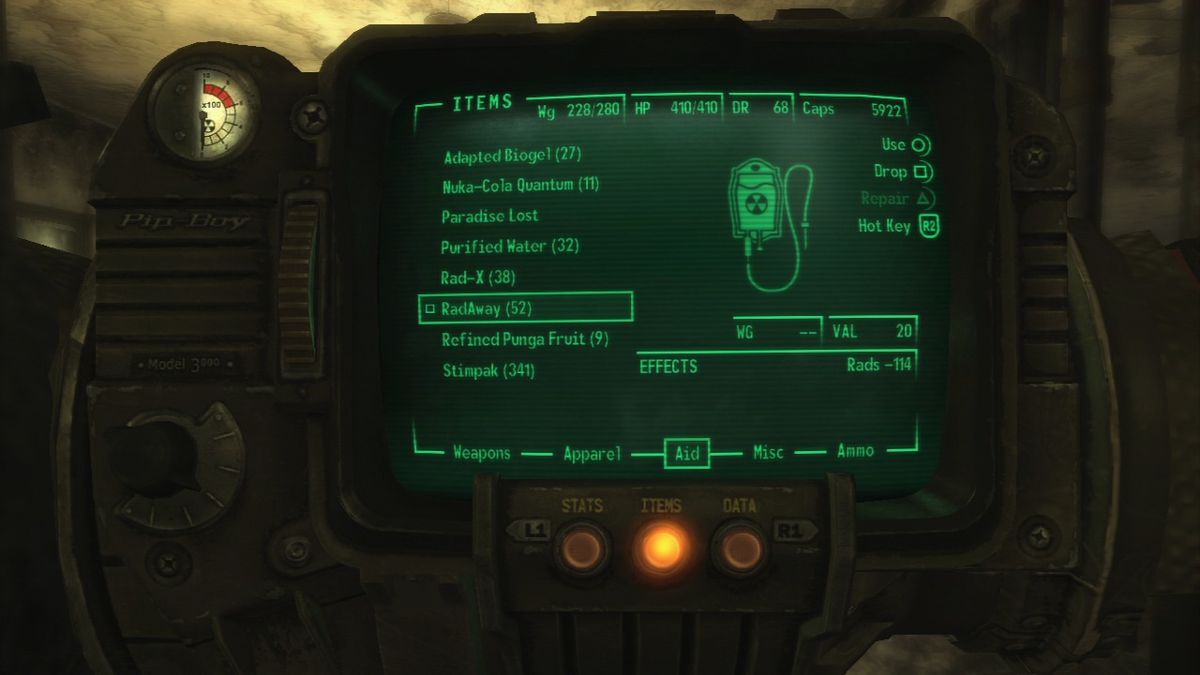 Fallout 3 (PlayStation 3) screenshot: You will use Pip-Boy 3000 to check out inventory, arm yourself, heal the radiation, listen to the radio and for a lot of other things.