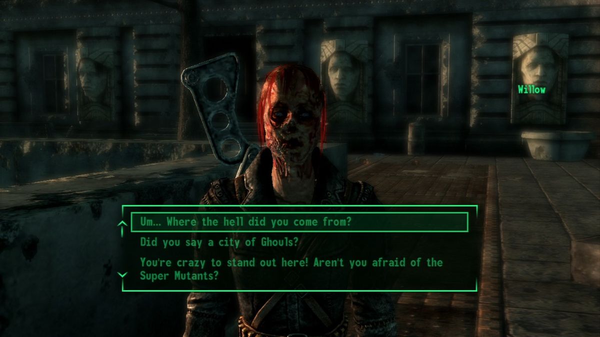 Fallout 3 (PlayStation 3) screenshot: Talking to one of the ghouls... they may not look good, but their lifespan is increased alright.