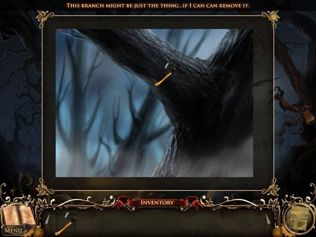 Nightfall Mysteries: Curse of the Opera (Macintosh) screenshot: Chopping down tree limb