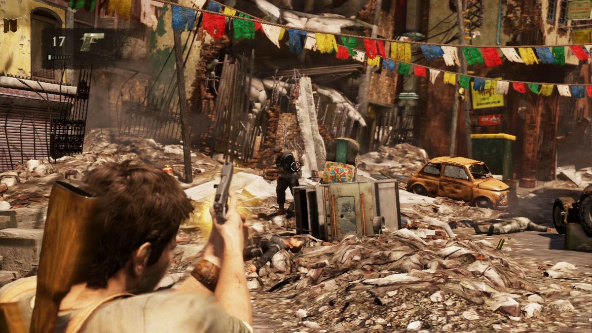 Uncharted 2: Among Thieves (PlayStation 3) screenshot: Urban warfare isn't that much different from jungles, but there are more objects to hide behind.