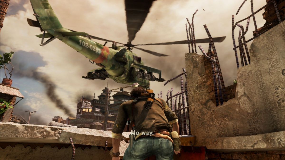Uncharted 2: Among Thieves (PlayStation 3) screenshot: They have Hind helicopters, that's not good.