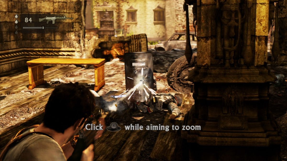 Uncharted 2: Among Thieves (PlayStation 3) screenshot: You can't get through the shield... find exposed parts or you're done for.
