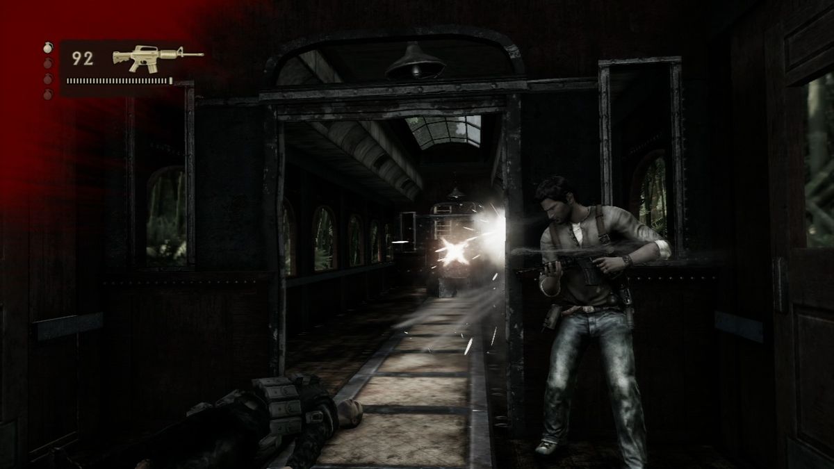 Uncharted 2: Among Thieves (PlayStation 3) screenshot: As in prequel, screen goes black & white when your health becomes critical.