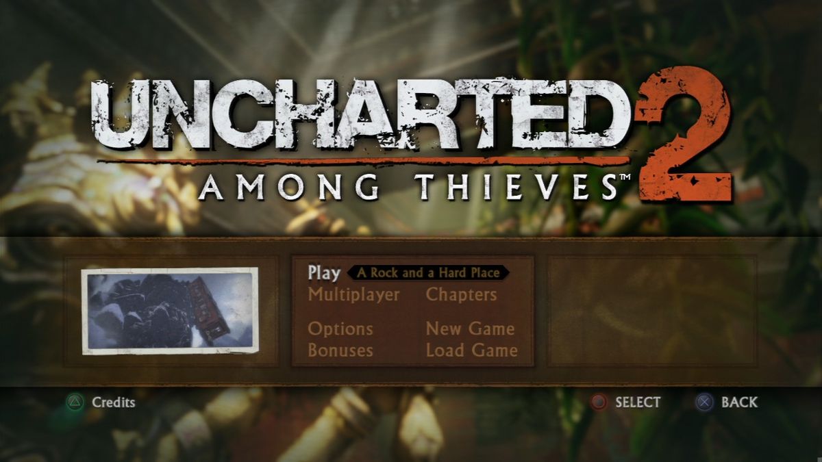 Uncharted 2: Among Thieves (PlayStation 3) screenshot: Main title and menu screen.
