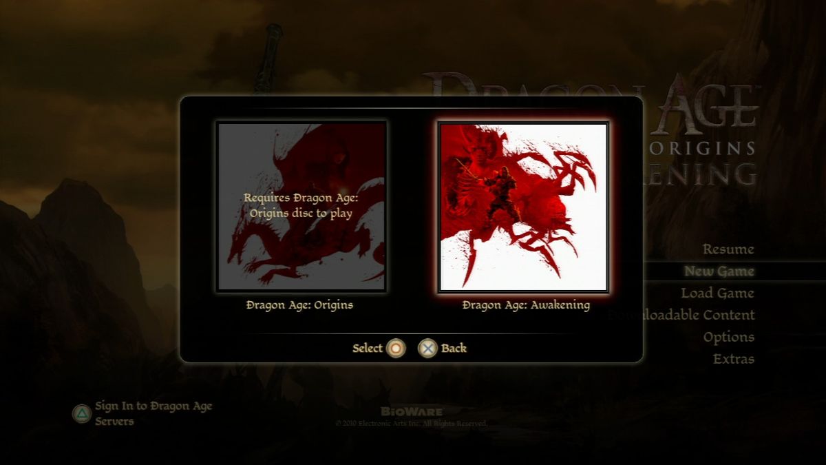 Dragon Age: Origins - Awakening (PlayStation 3) screenshot: Game requires original to play, but starts independently.