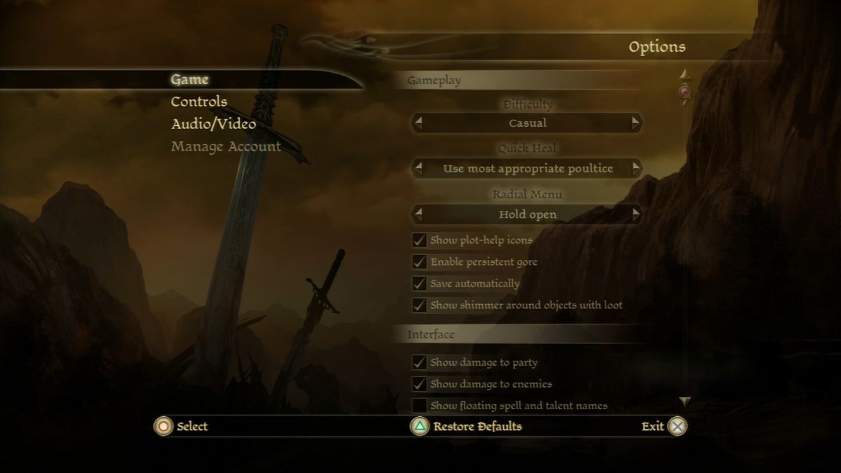 Dragon Age: Origins (PlayStation 3) screenshot: Options screen.