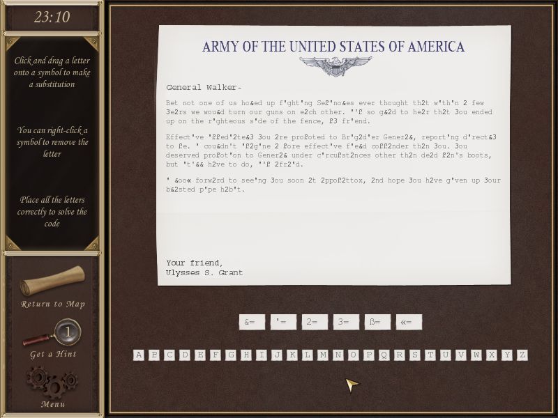 Hidden Mysteries: Civil War - Secrets of the North & South (Macintosh) screenshot: Mini game - Substitution cipher