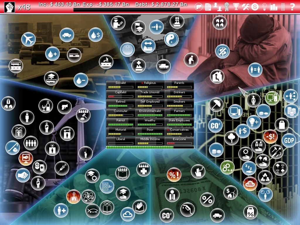 Oval Office: Commander in Chief (Windows) screenshot: Main screen - The bubbles here show various issues. Red bubbles indicate problems, green indicate positive outcome, blue indicate issues that cannot be directly influenced.