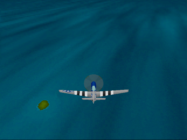 Fighter Duel (DOS) screenshot: Chase plane view of Mustang