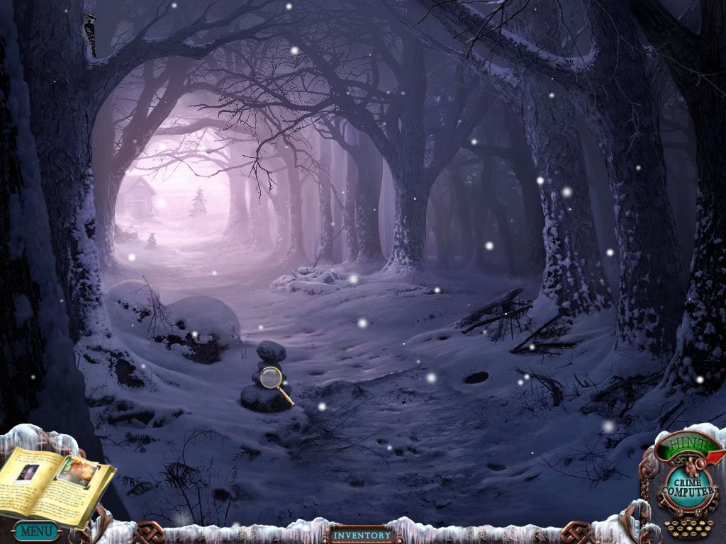 Mystery Case Files: Dire Grove (Macintosh) screenshot: Snow covered lane to boat house