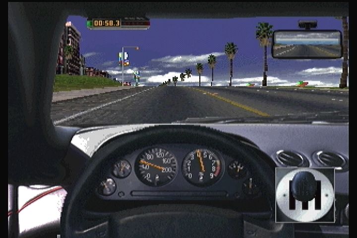 The Need for Speed (3DO) screenshot: Shifter appears in a window when changing gears in driver's view.