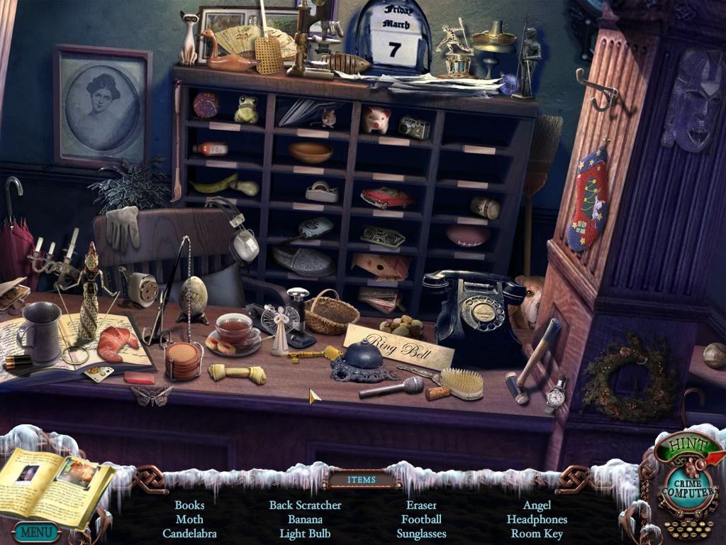 Mystery Case Files: Dire Grove (Macintosh) screenshot: Foyer Front Desk - objects