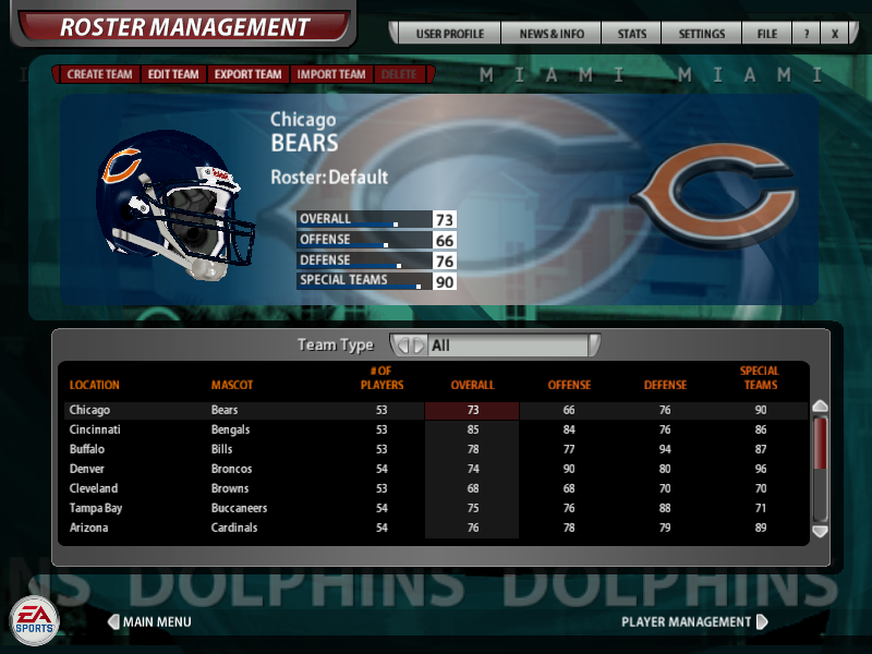 Madden NFL 06 (Windows) screenshot: Team Management, where teams can be viewed and edited