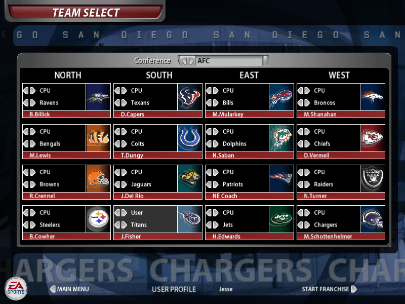 Madden NFL 06 (Windows) screenshot: Selecting teams for Franchise Mode