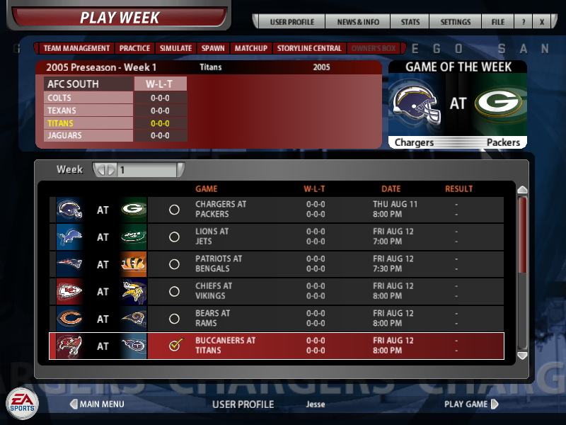 Madden NFL 06 (Windows) screenshot: It's Week 1 of the preseason in Franchise Mode