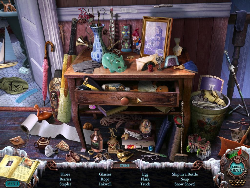 Mystery Case Files: Dire Grove (Macintosh) screenshot: House 2nd Floor hall table - objects