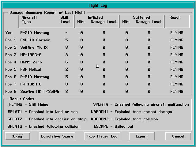 Fighter Duel (DOS) screenshot: Flight log