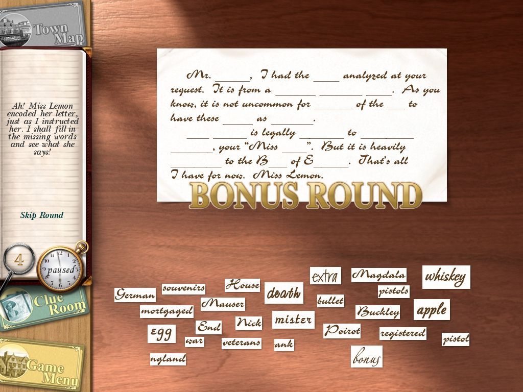Agatha Christie: Peril at End House (Macintosh) screenshot: Bonus word scramble puzzle