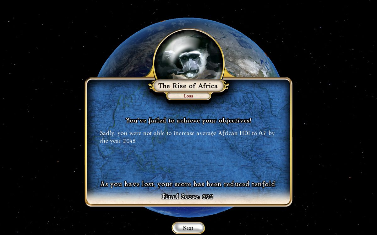 Fate of the World (Windows) screenshot: You were unable to help Africa.