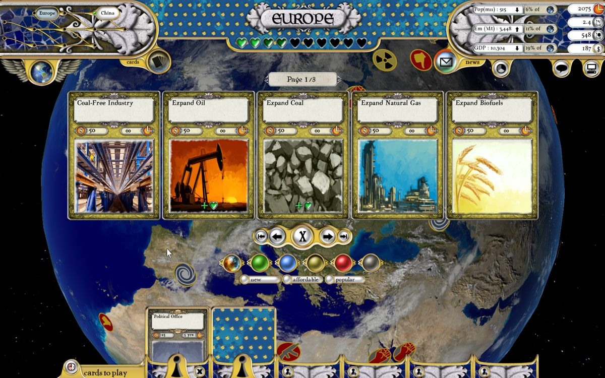 Fate of the World (Windows) screenshot: The energy strategy for Europe