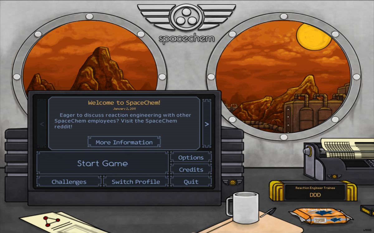 SpaceChem (Windows) screenshot: Main menu
