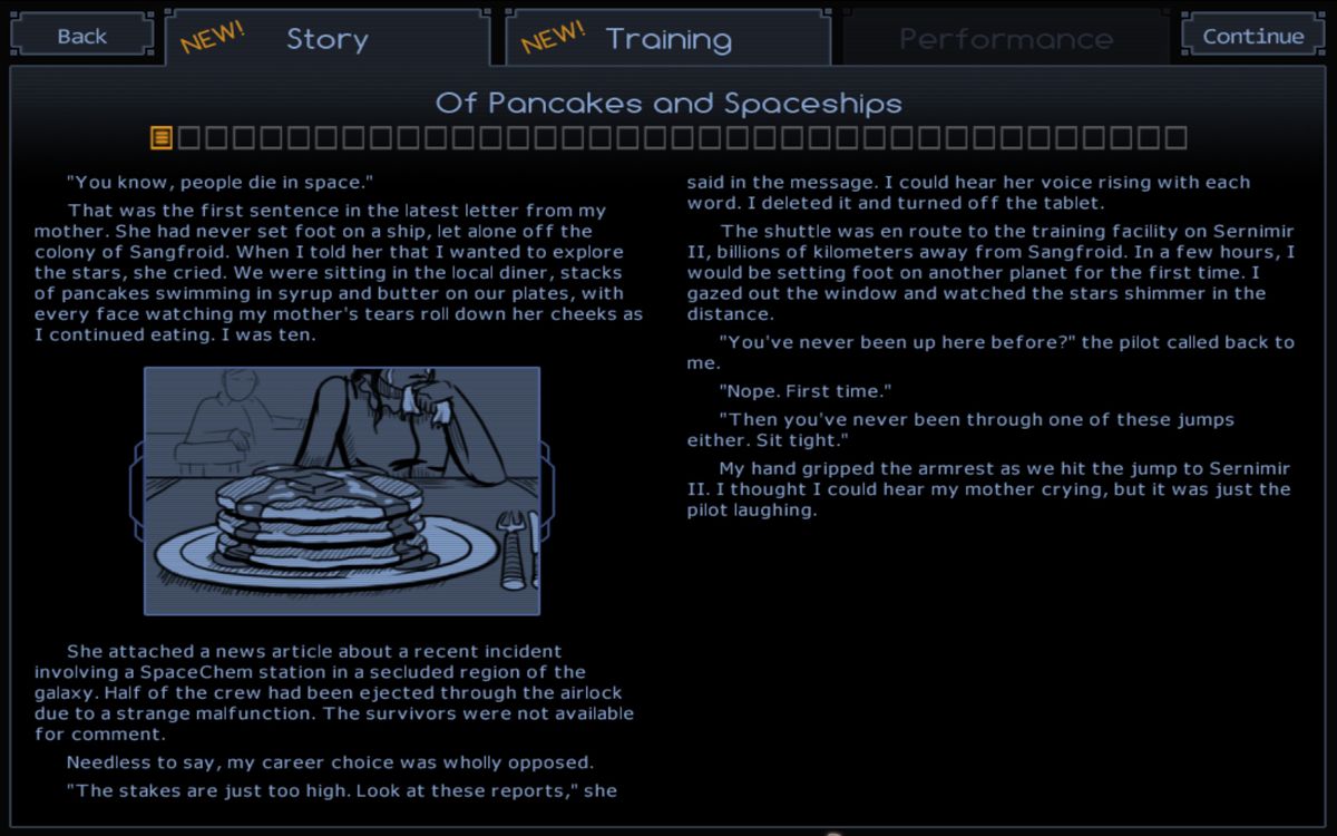 SpaceChem (Windows) screenshot: A first slice of the story