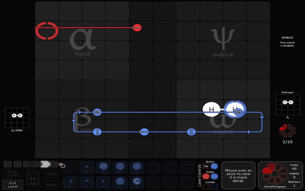SpaceChem (Windows) screenshot: A simple puzzle where you simply need to transport Hydrogen without much manipulation